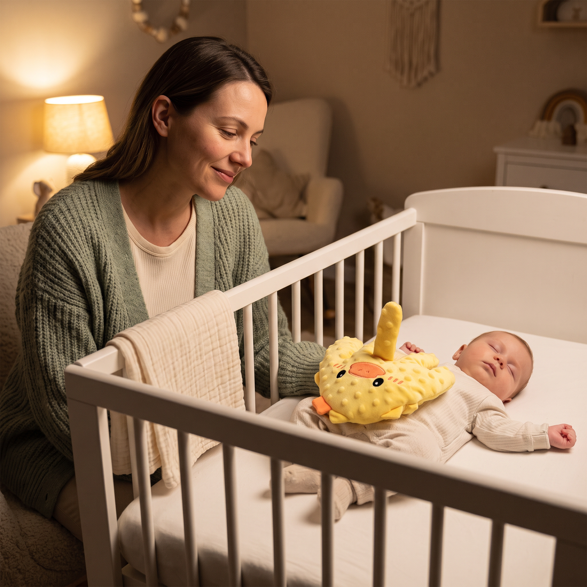Mother beside crib while Sully Nuzzle soothes her baby